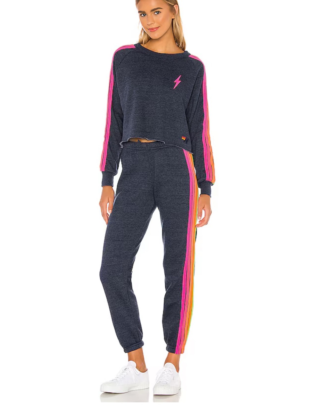 Aviator Nation Bolt Cropped Classic Crewneck in Heather Navy Neon